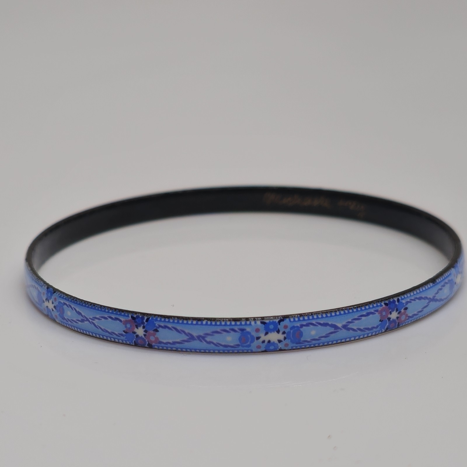 Michaela Frey Signed Blue Enamel Floral Bangle Bracelet 8.25in Vintage