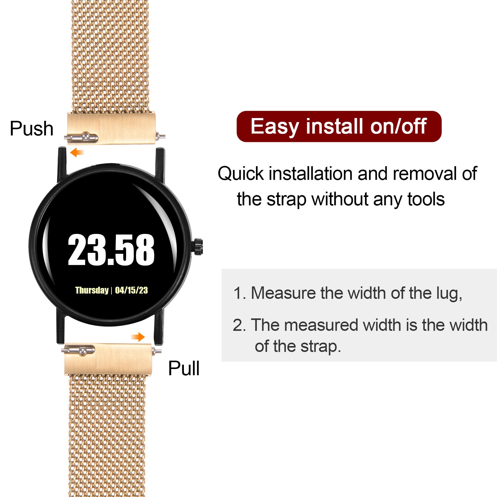 Stainless Steel Mesh Watch Band 16mm Quick Release Magnetic Clasp Rose Gold