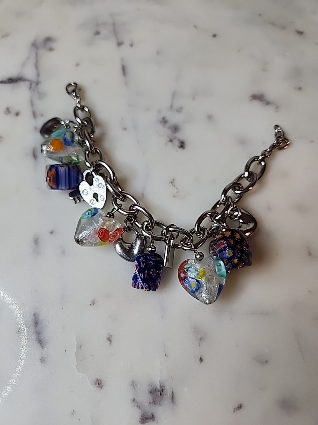 Vintage Murano Glass & Millefiori 8 Heart Charm Bracelet 7-9″ Adjustable