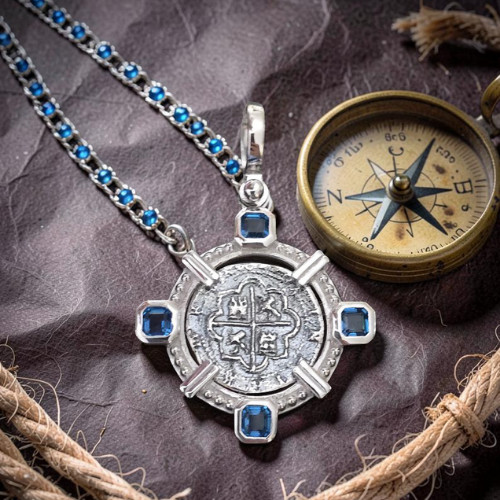 Atocha Silver Coin Pendant Blue Topaz Bezel Sterling Shipwreck Certificate