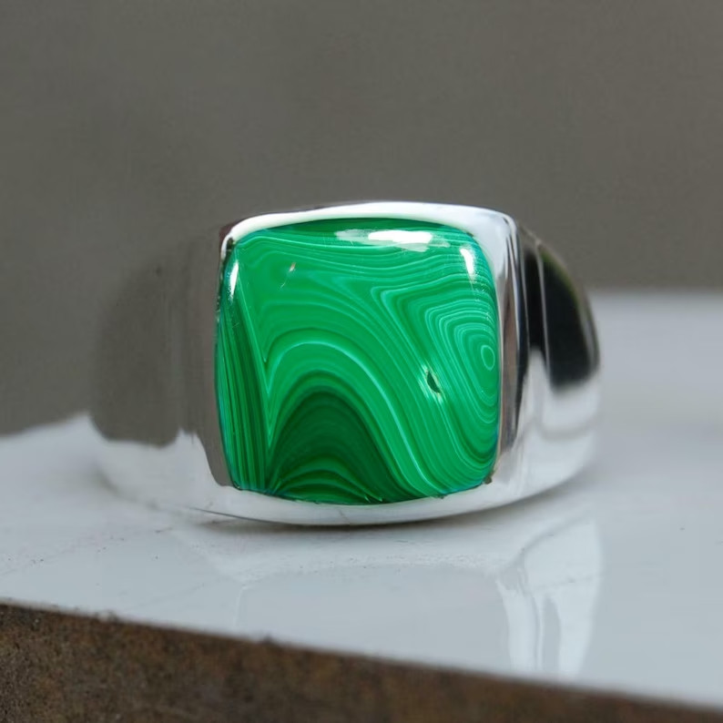 Solid 925 Sterling Silver Natural Flat Green Malachite Gemstone Gift Men’s Ring