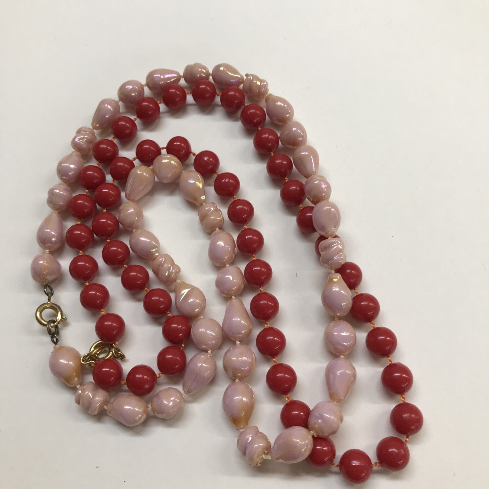 Vintage Set of 2 19″ Strand String Necklace Pink Shell Look and Red