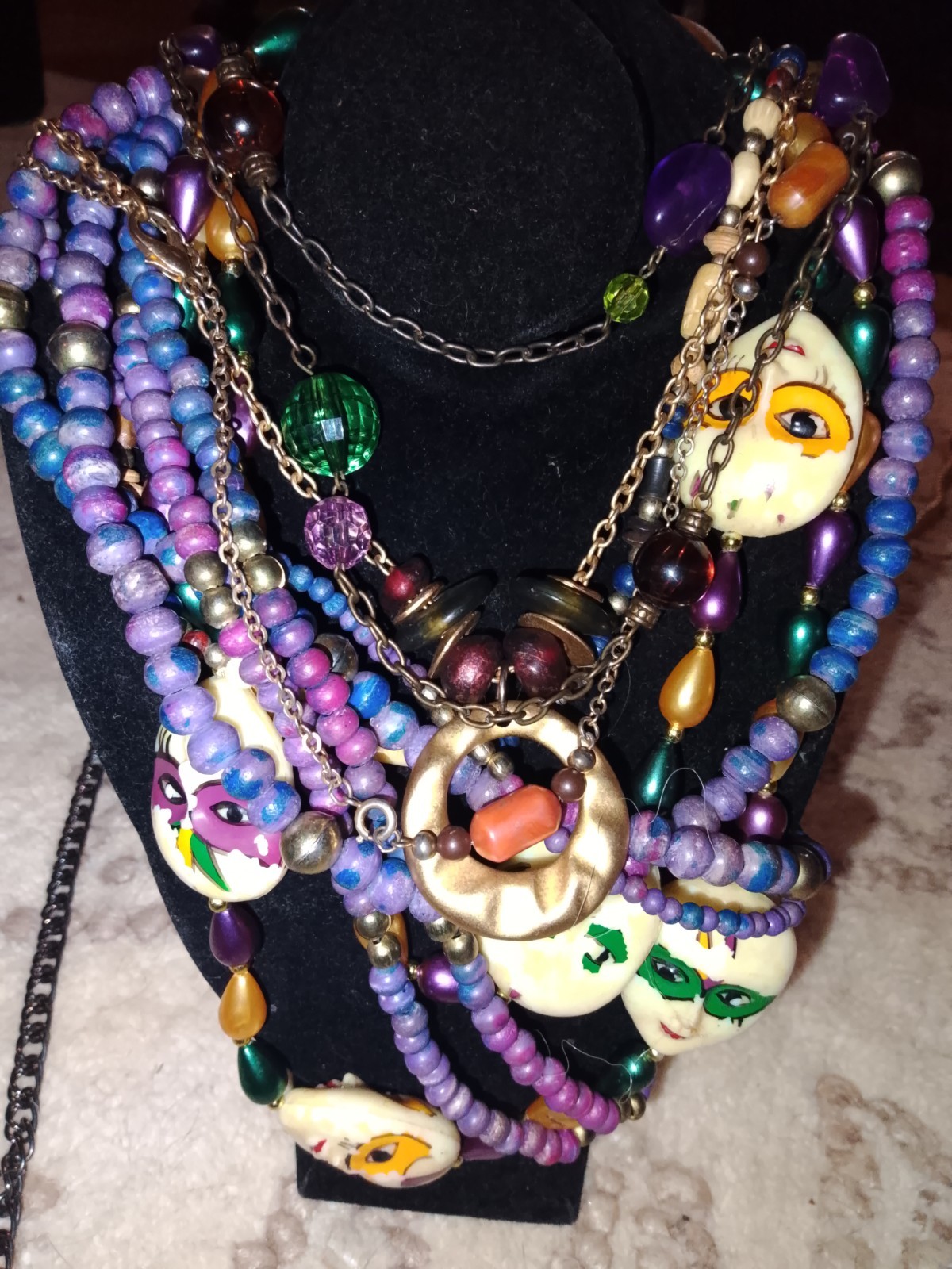Multicolor Glass Plastic Beaded Layered Cable Chain Mask Charm Necklace