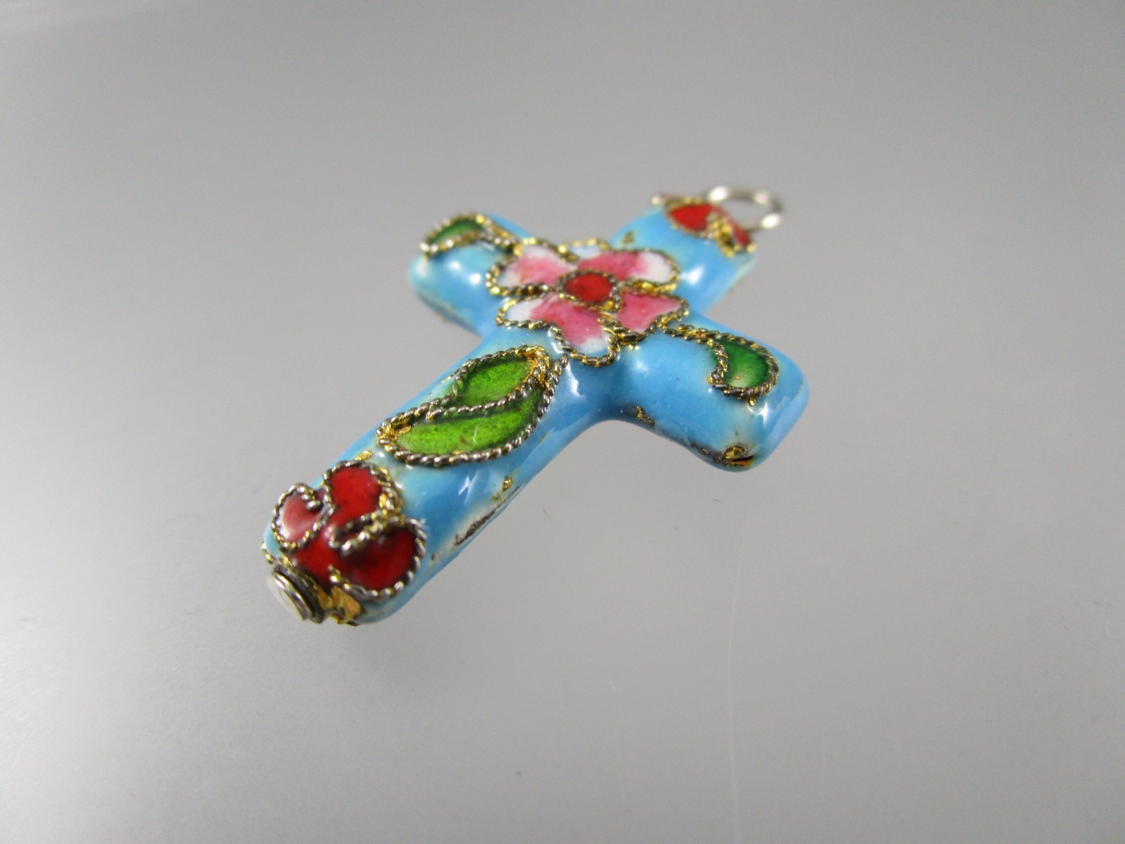 Vintage Cloisonne Blue Red Green Floral Enamel CROSS Pendant for Necklace 1046