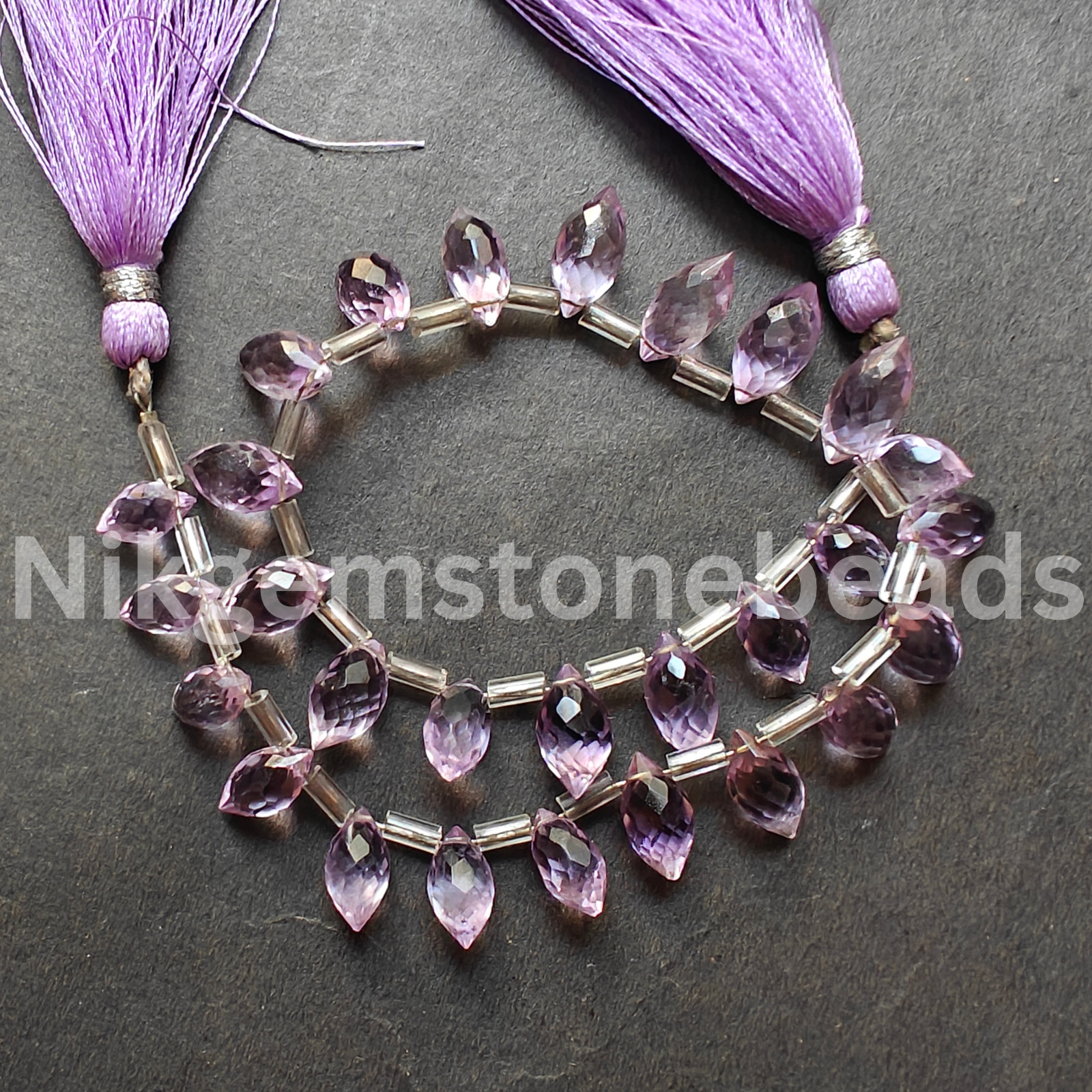 Natural Pink Amethyst Beads, Briolette Faceted Marquise Cut Gems, 8.50-11.00 MM.