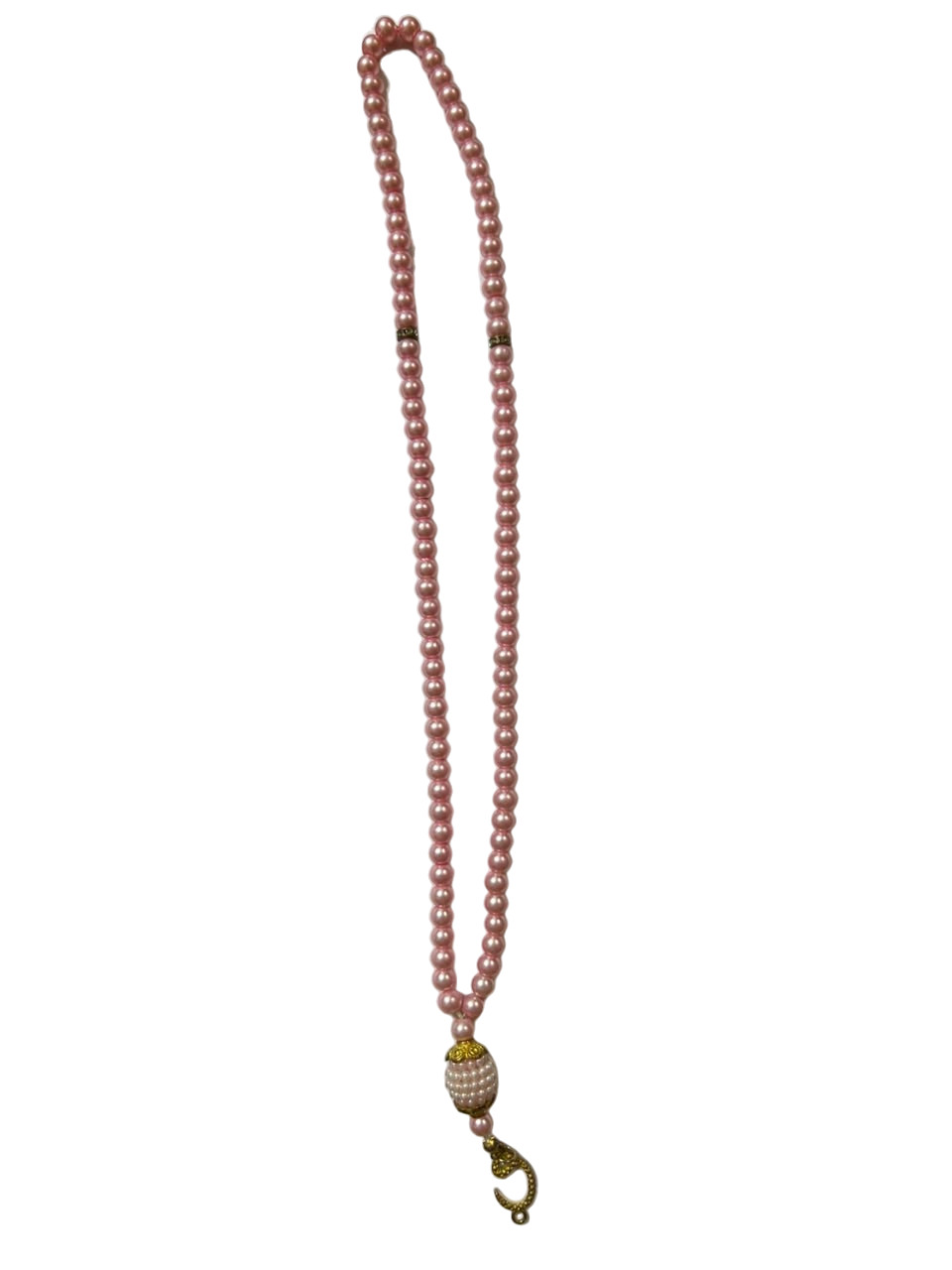 Vintage Pink Pearl Bead Necklace Gold Crescent Moon Charm Long Thread Strand