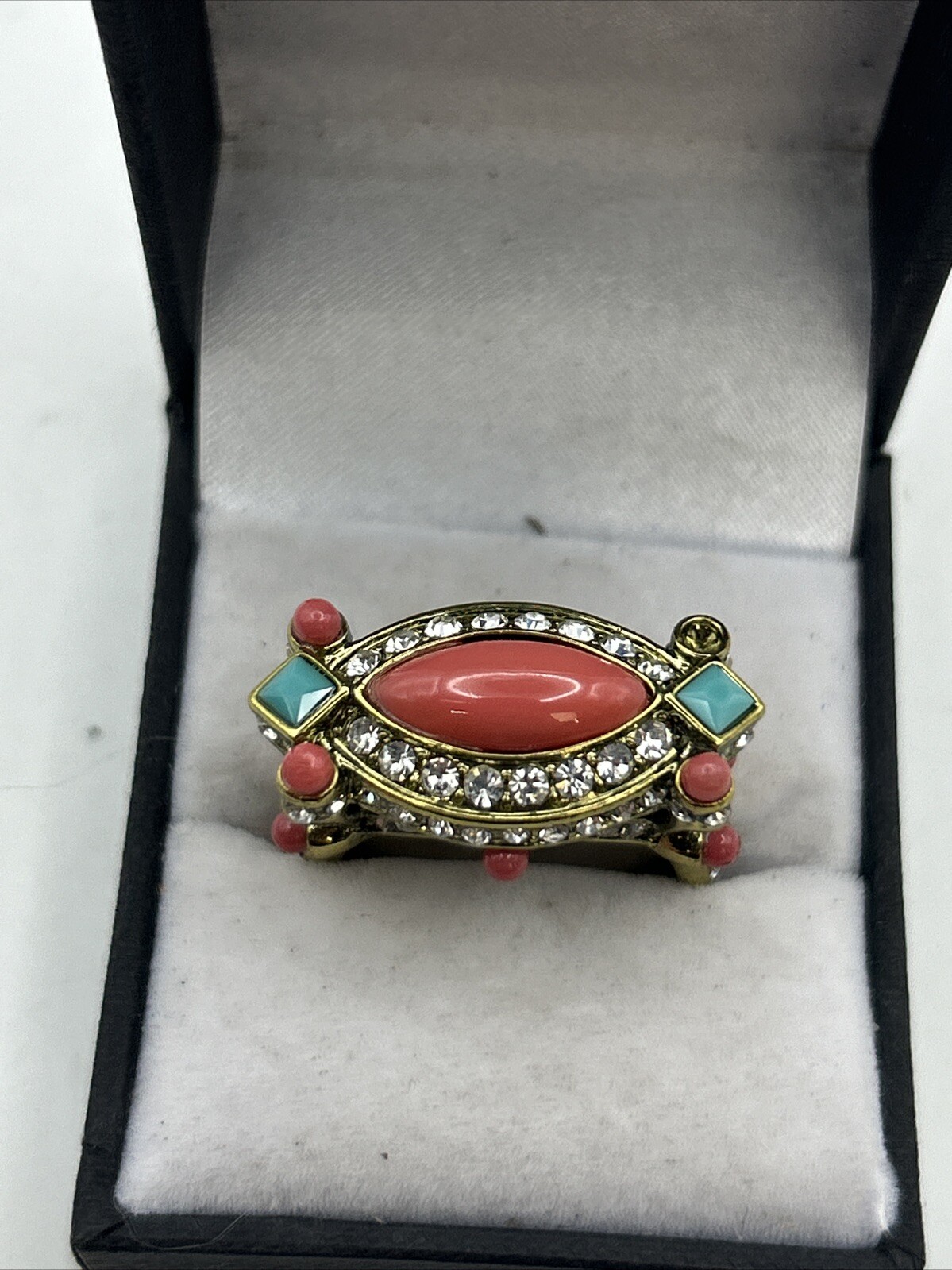 Extravagant Heidi Daus Faux Coral & Turquoise Ring Swarovski Crystals Size 10