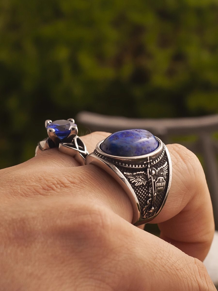 NIGHT WORKS God’s Power retro angel carving royal blue stone ring men’s