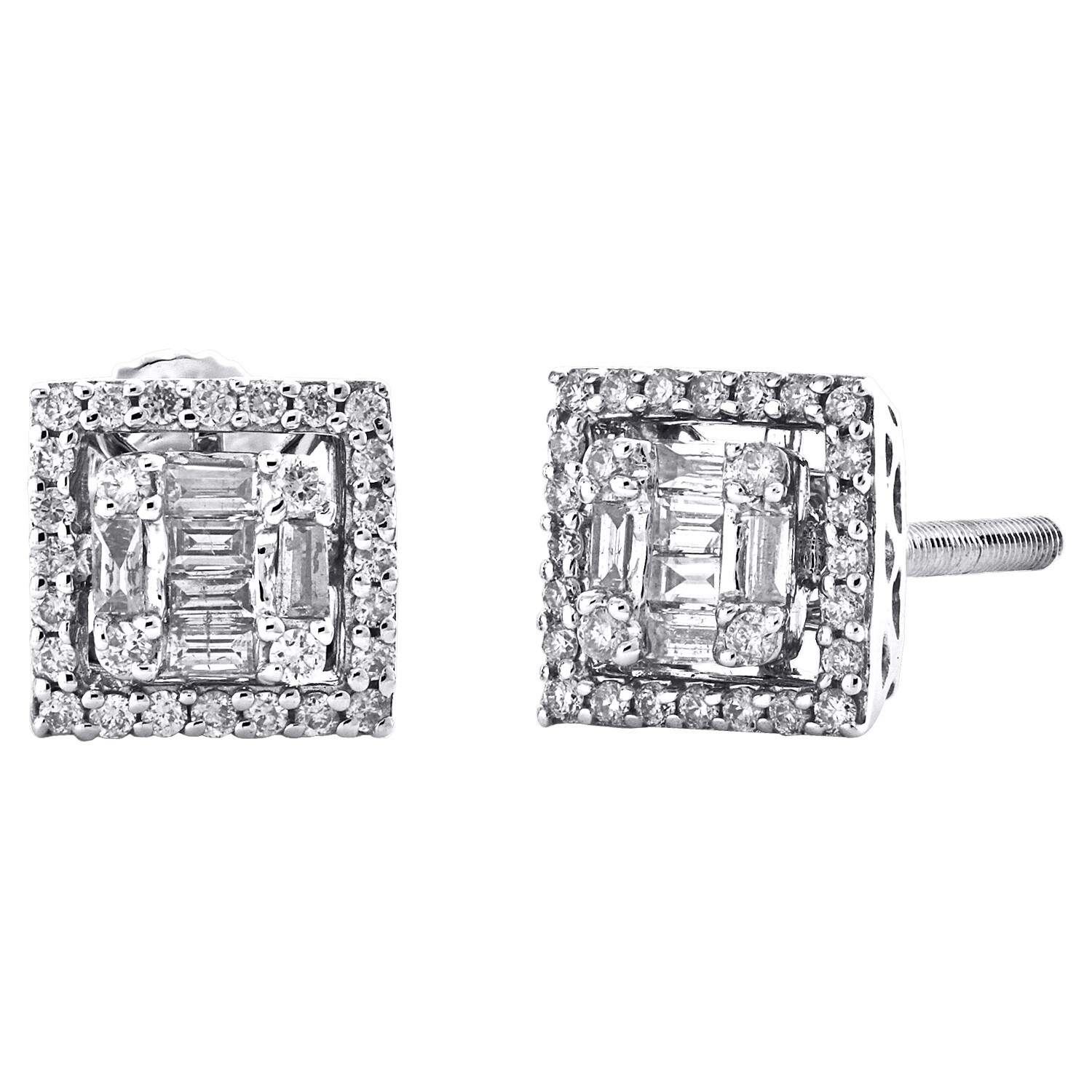 14K White Gold Round & Baguette Diamond 7.60mm Square Halo Stud Earrings 0.50 Ct