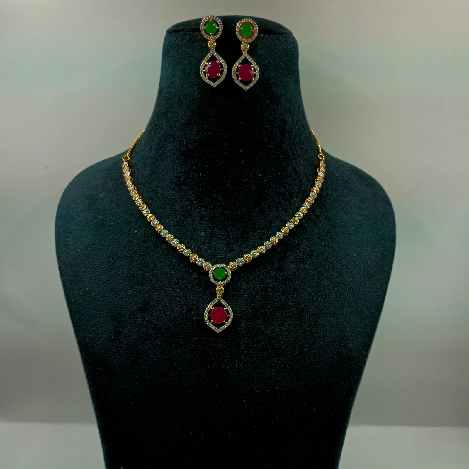 Round Stone Ruby Emerald Necklace Set 22k Gold Plated South Indian Jewelry