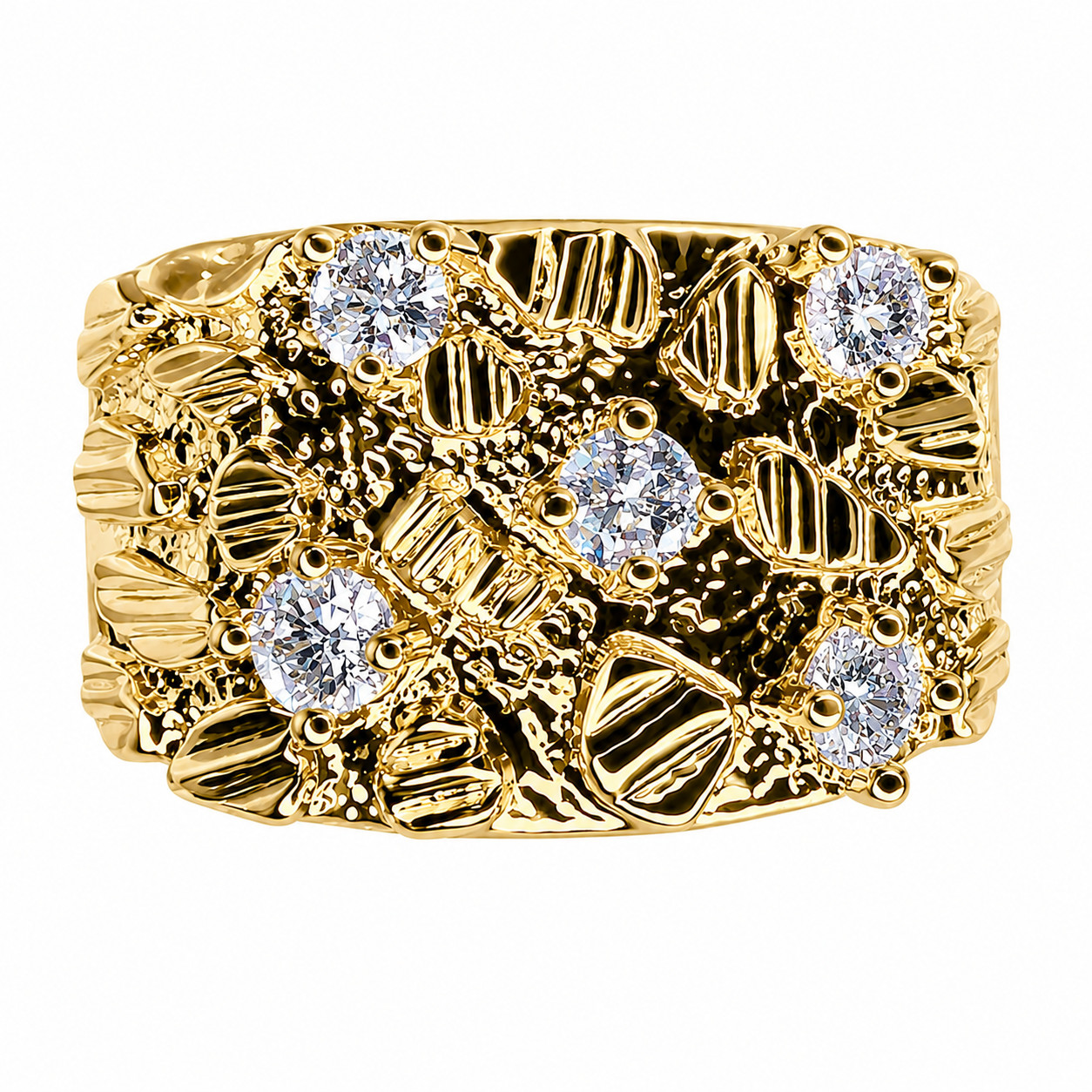 Italian 1/200 14k Yellow Gold Oro Iced CZ Nugget Ring Anillo Men Women