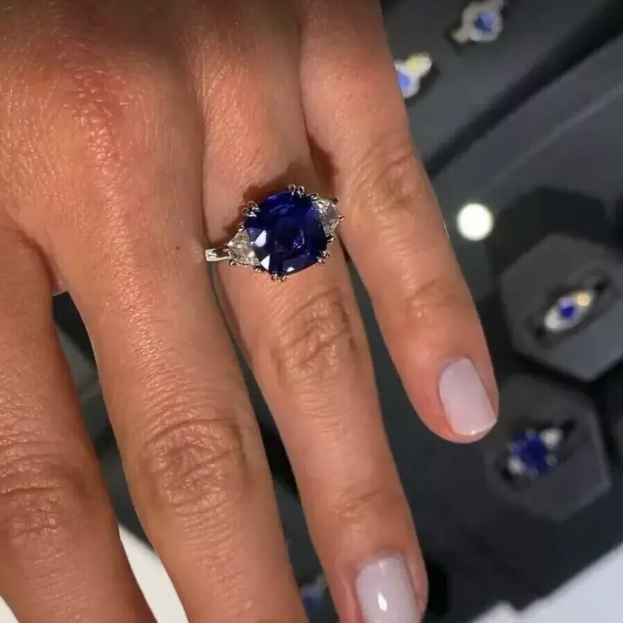 Art Deco Style Lab Created Diamond & Sapphire Engagement 14K White Gold FN Ring