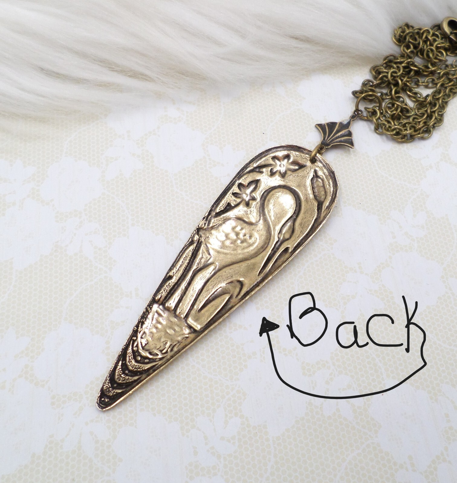 Antique Brass Heron Crane Pendant Necklace, Art Nouveau Bird Lover Gift Idea