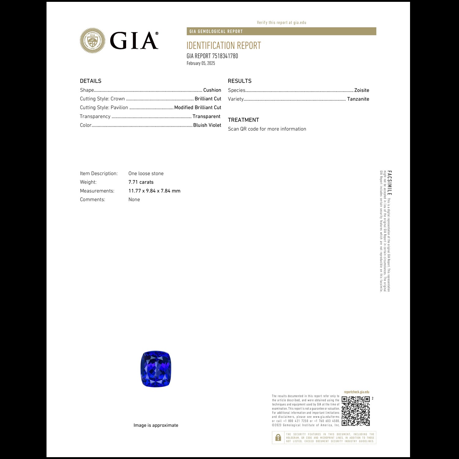 7.71Ct GIA Certified! Natural ‘D’ Block Tanzanite _ Cushion Loose Gemstone