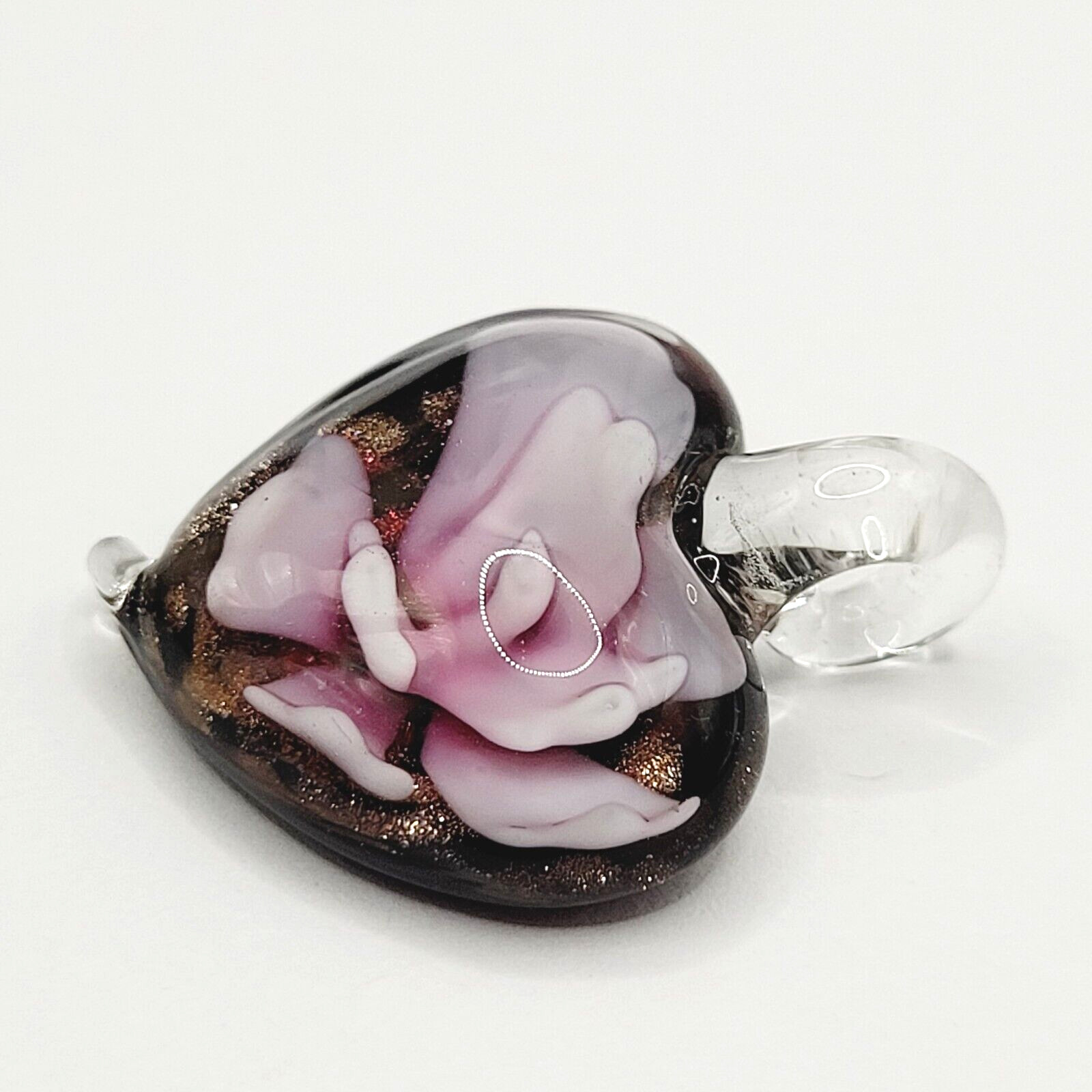 Glass Heart Dusty Rose Artisan Craft Lampwork Style Floral Foil Glitter Pendant