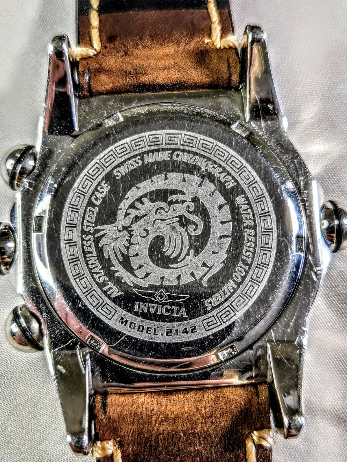 Invicta 2142 Chronograph Date Quartz 100m Black Dial Brown Leather Strap