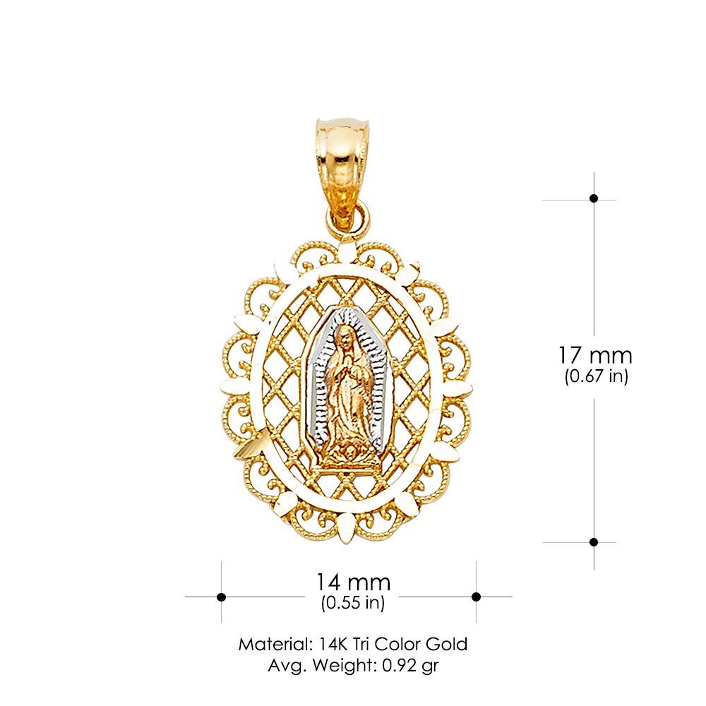14K 3 Color Gold Guadalupe Charm Pendant & 1.2mm Singapore Chain Necklace