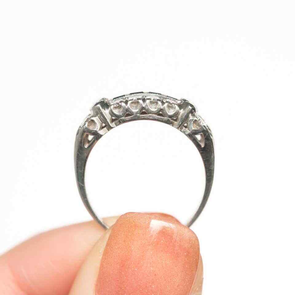 Retro Vintage Baguette Shape Blue Sapphire With Old Mine Cut CZ Antique Ring