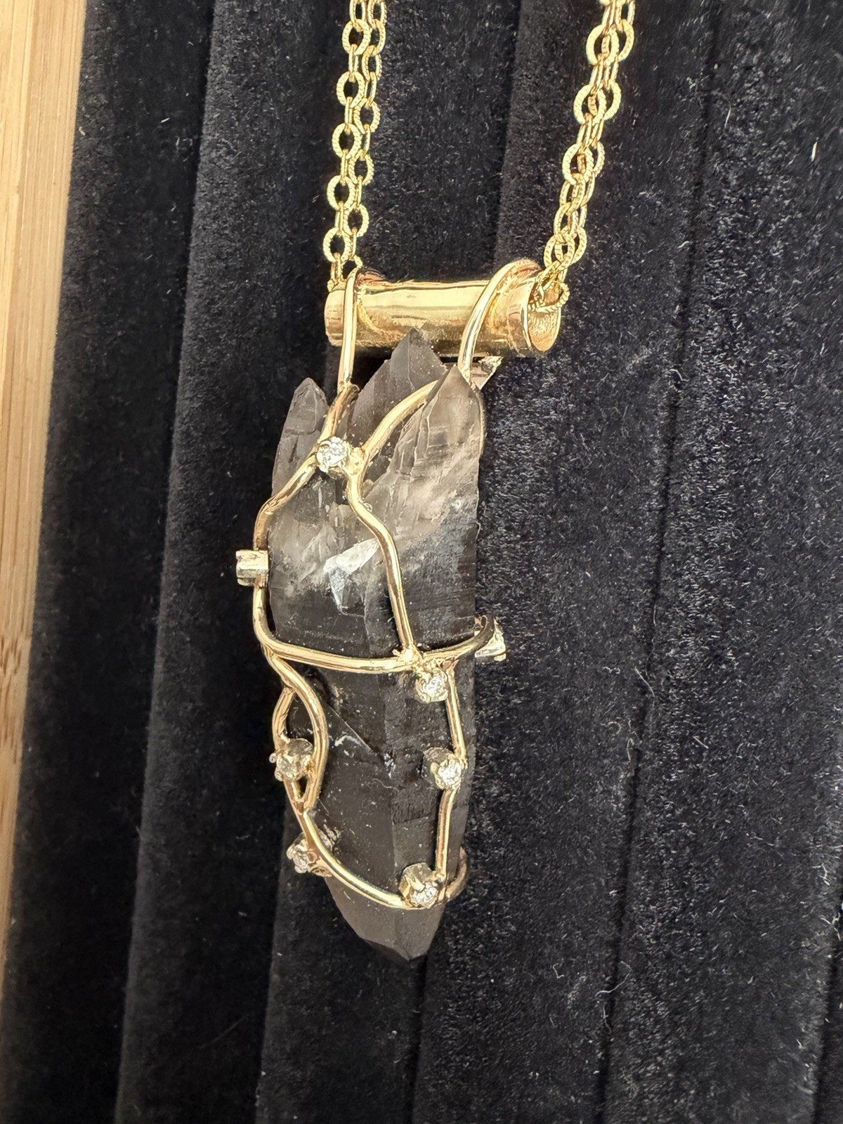 Terminated smoky quartz,wire wrapped in gold with diamond accents, pendant only