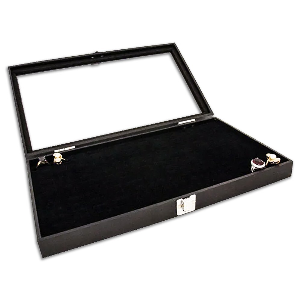 Black Wooden Jewelry Display Case with Glass Top 1.75″ Deep