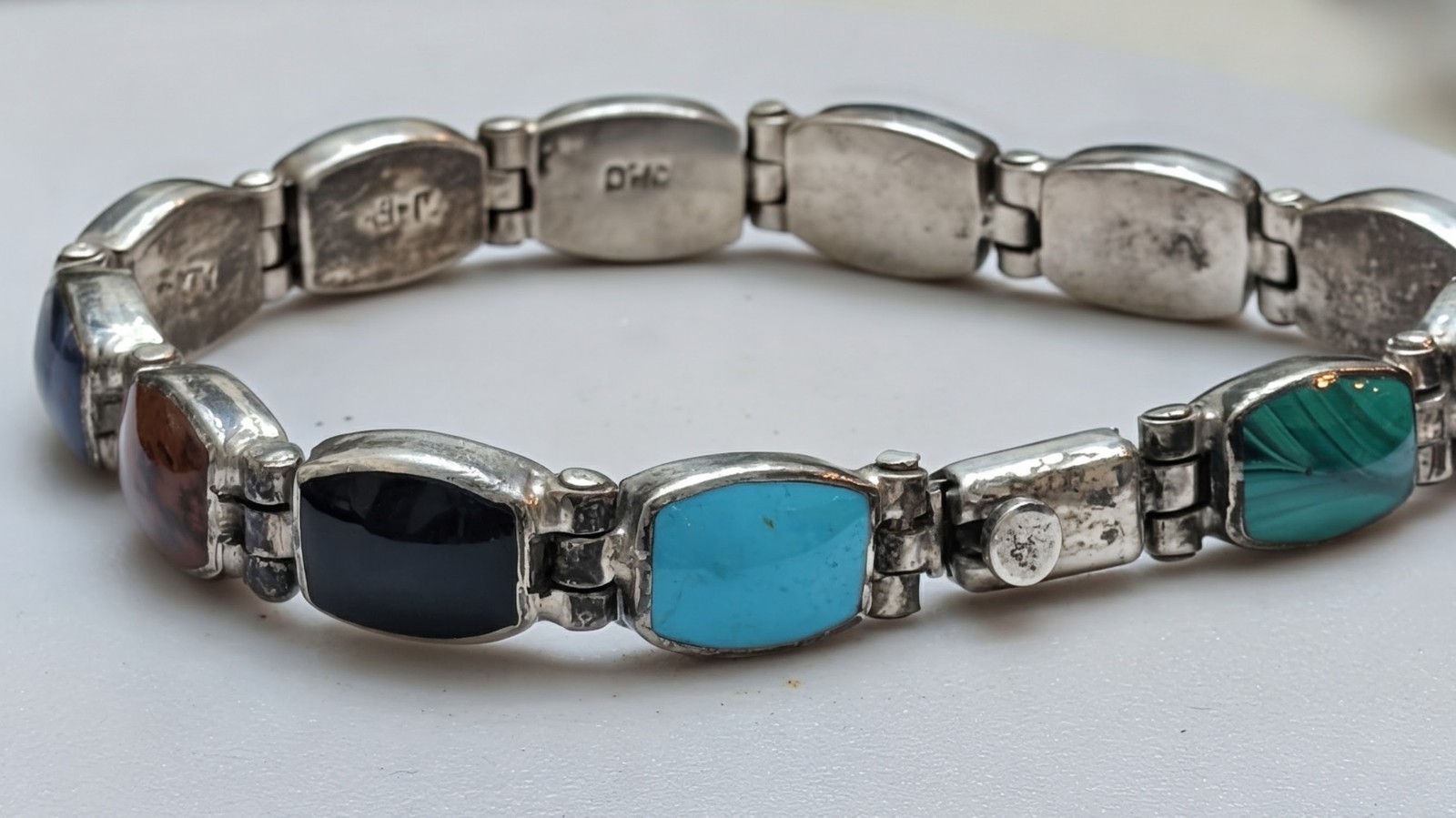 Vintage Taxco Mexico 950 Silver Multi Stone Inlay Link Bracelet 7.5″ 27.6g TJ-88
