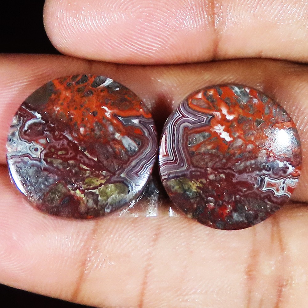 natural CRAZY LACE AGATE pair round cabochon gemstone 33.05 Carat. (20x20x04 mm)