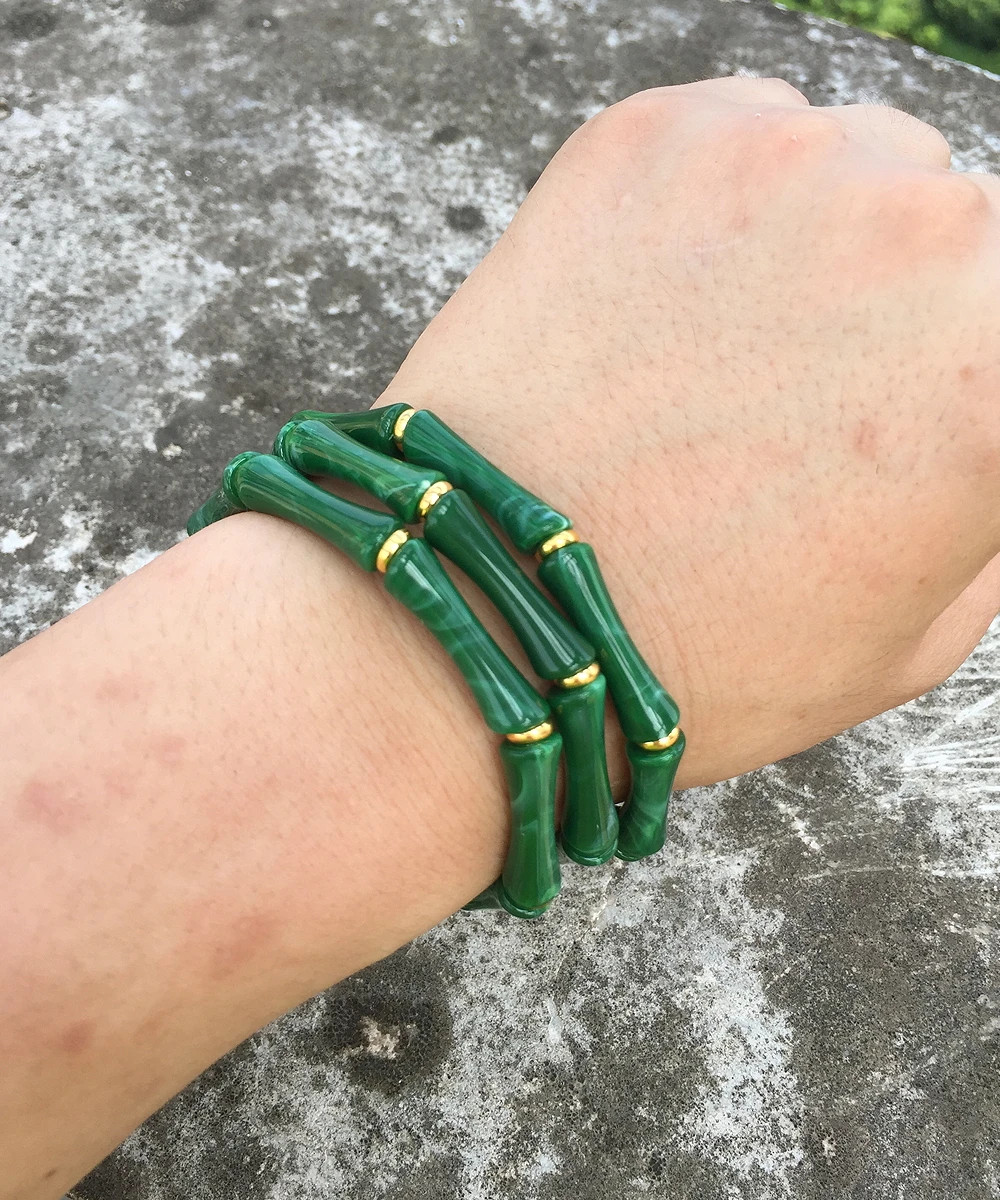 3 pc Leopard Acrylic Bamboo Beaded Bracelet Women Retro Thin Tube Stack Jewelry