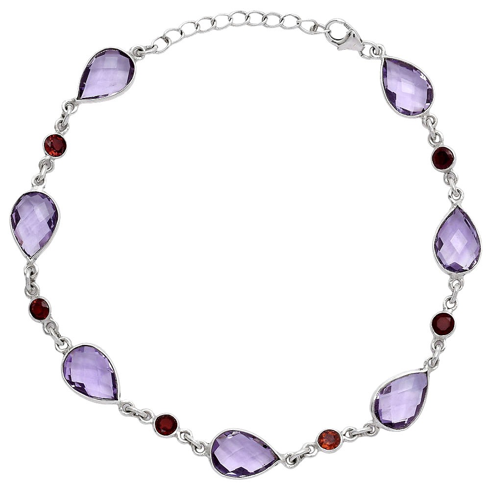 Amethyst Checker Briolette & Garnet 925 Sterling Silver Bracelet Jewelry B-1006
