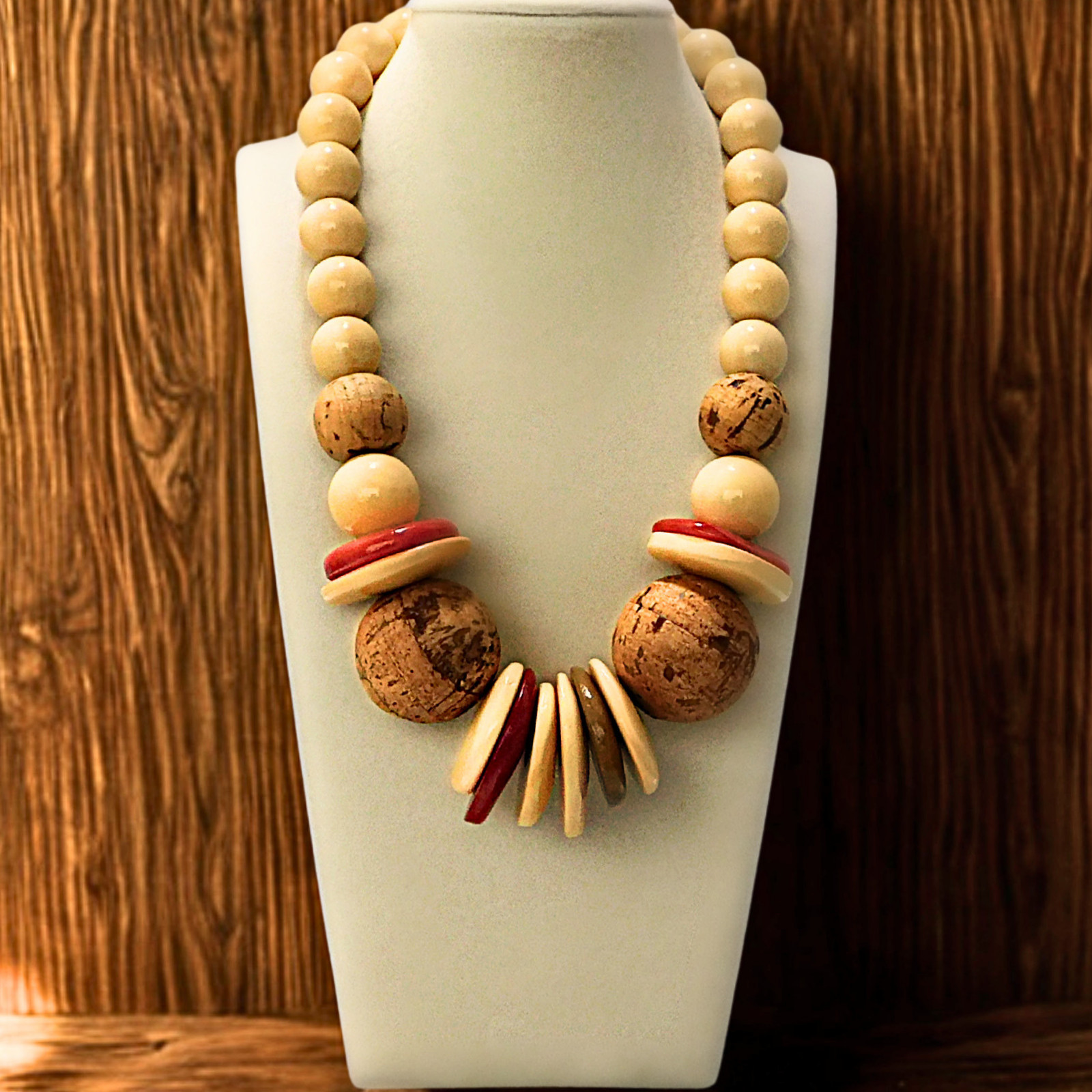 Vintage 1960s Modernist Organic Mixed Media Lathe Cork Polymer Bold Necklace 18″