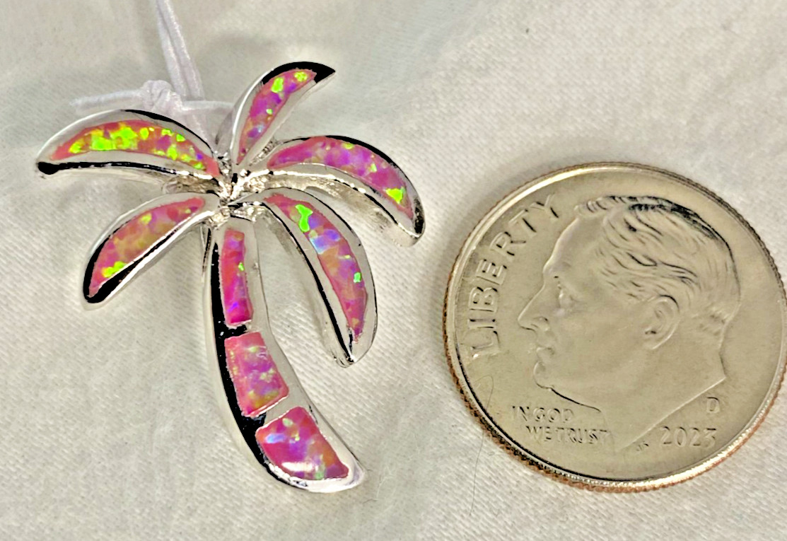 Sterling Silver Pink Lab Opal Palm Tree Pendant Gift Ready NOS