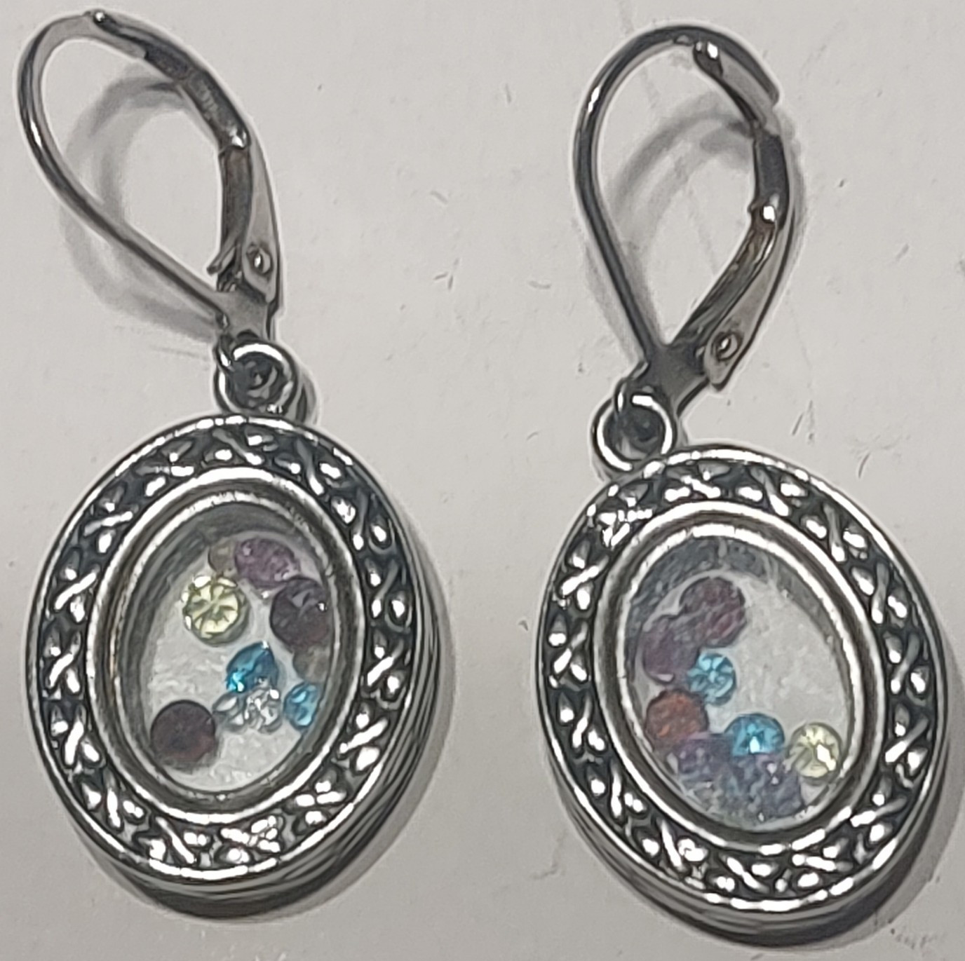 Silver Tone Steel ShadowBox Oval Bezel Dangle Earrings w/ Multicolor Gem Stones
