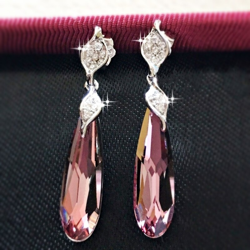 S925 Sterling Silver Made With SWAROVSKI Crystal Long Oval Amethyst Earrings