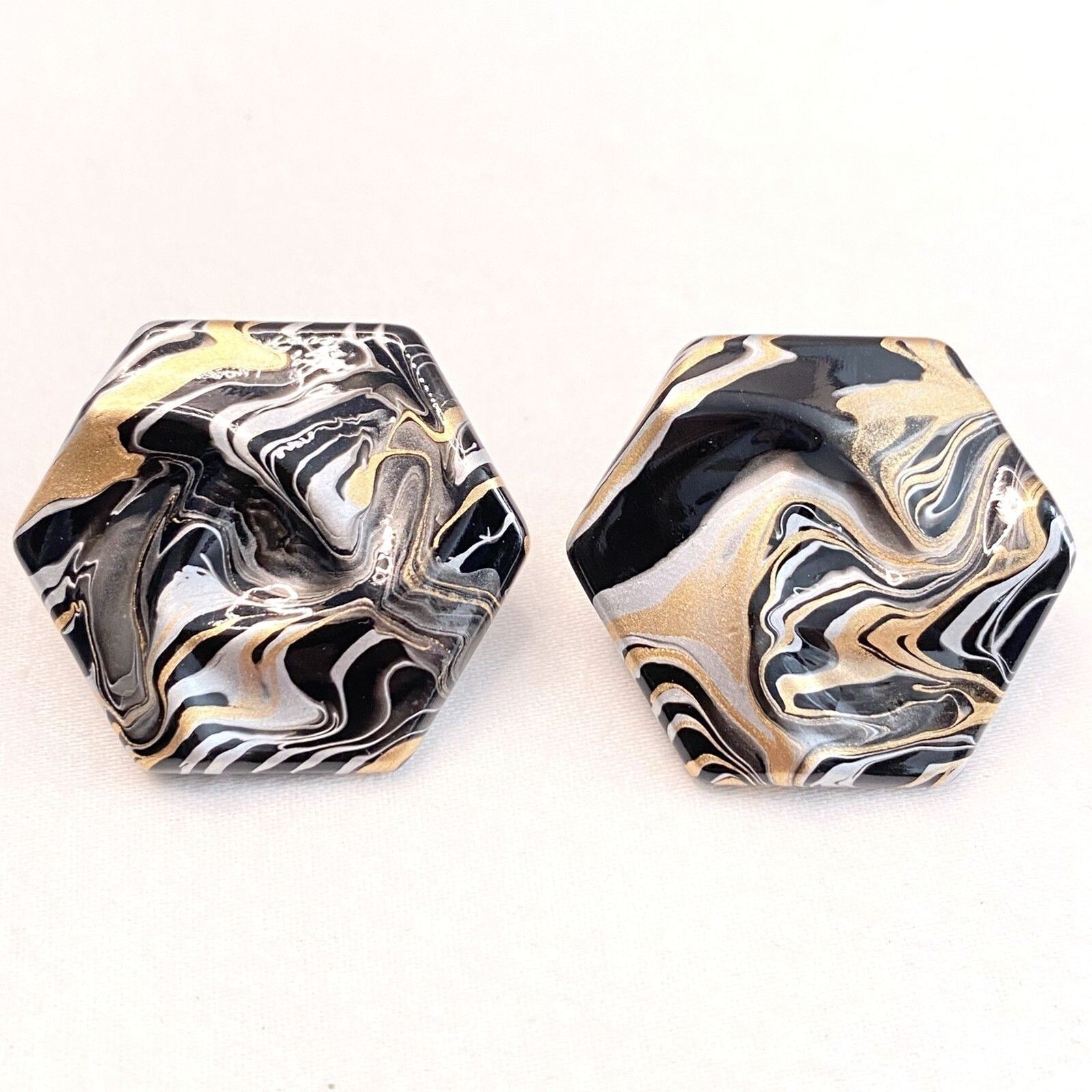 Celluloid Acetate Pentagon 3D Gold Black White Swirl Button Stud Earrings