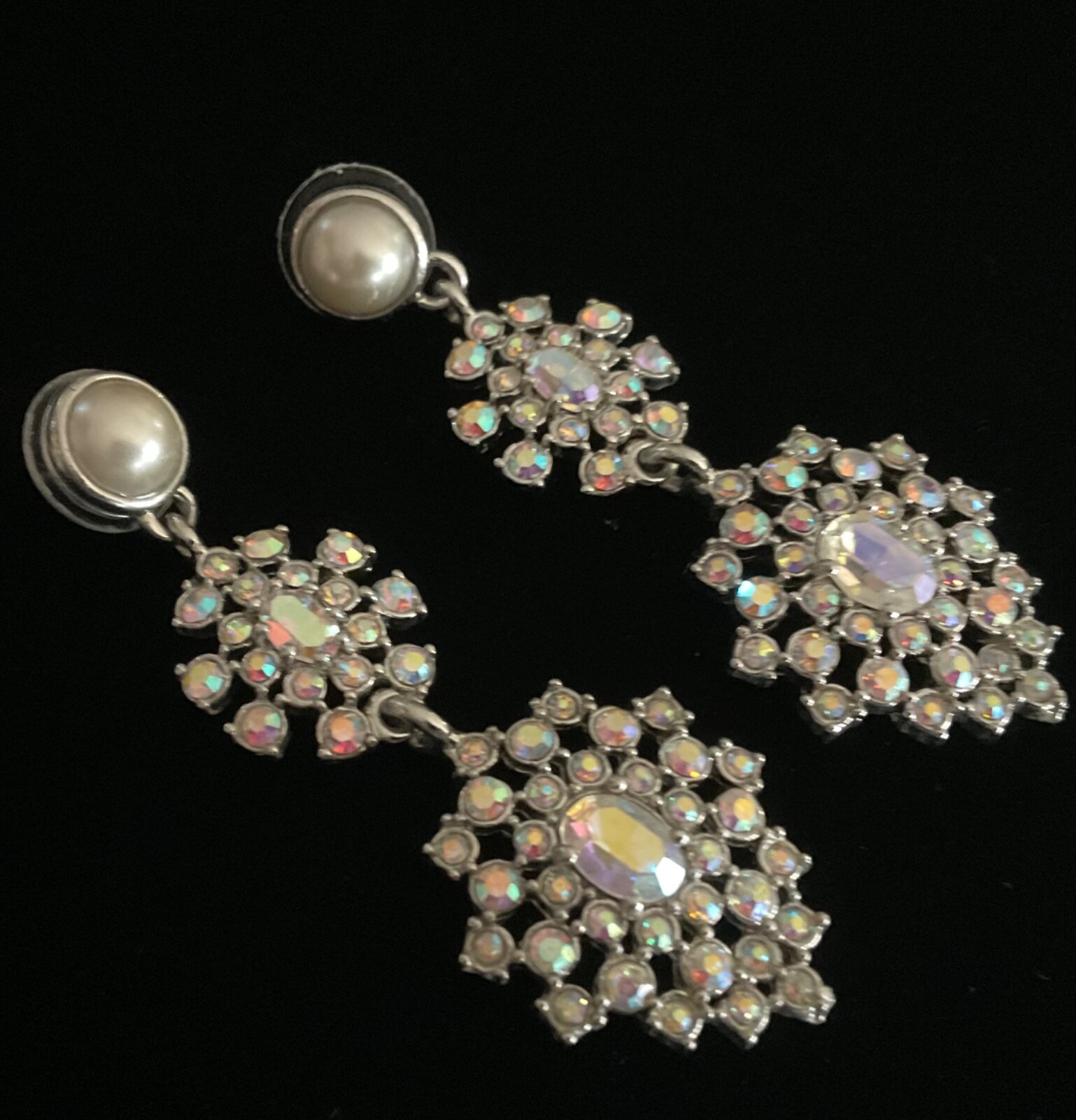 Aurora Borealis Rhinestone Drop Dangle Post Earrings Statement Snowflake Shimmer