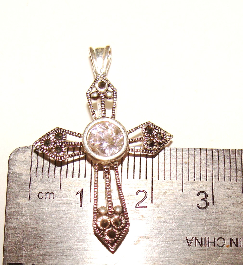 Silver Plated Mark 925 Cross Marcasite Interchangeable 7 Colors CZ 18″ Necklace