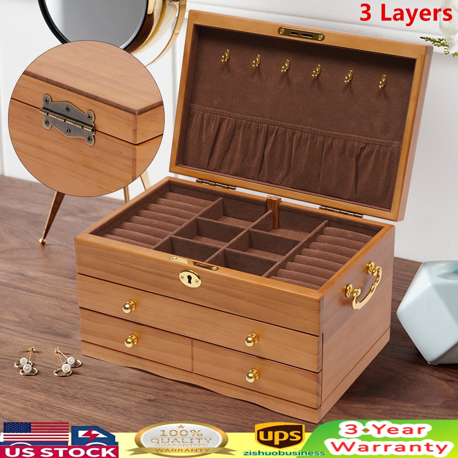 Wooden Jewelry Box 3-tier Lockable Jewelry Organizer Vintage Style Storage Box