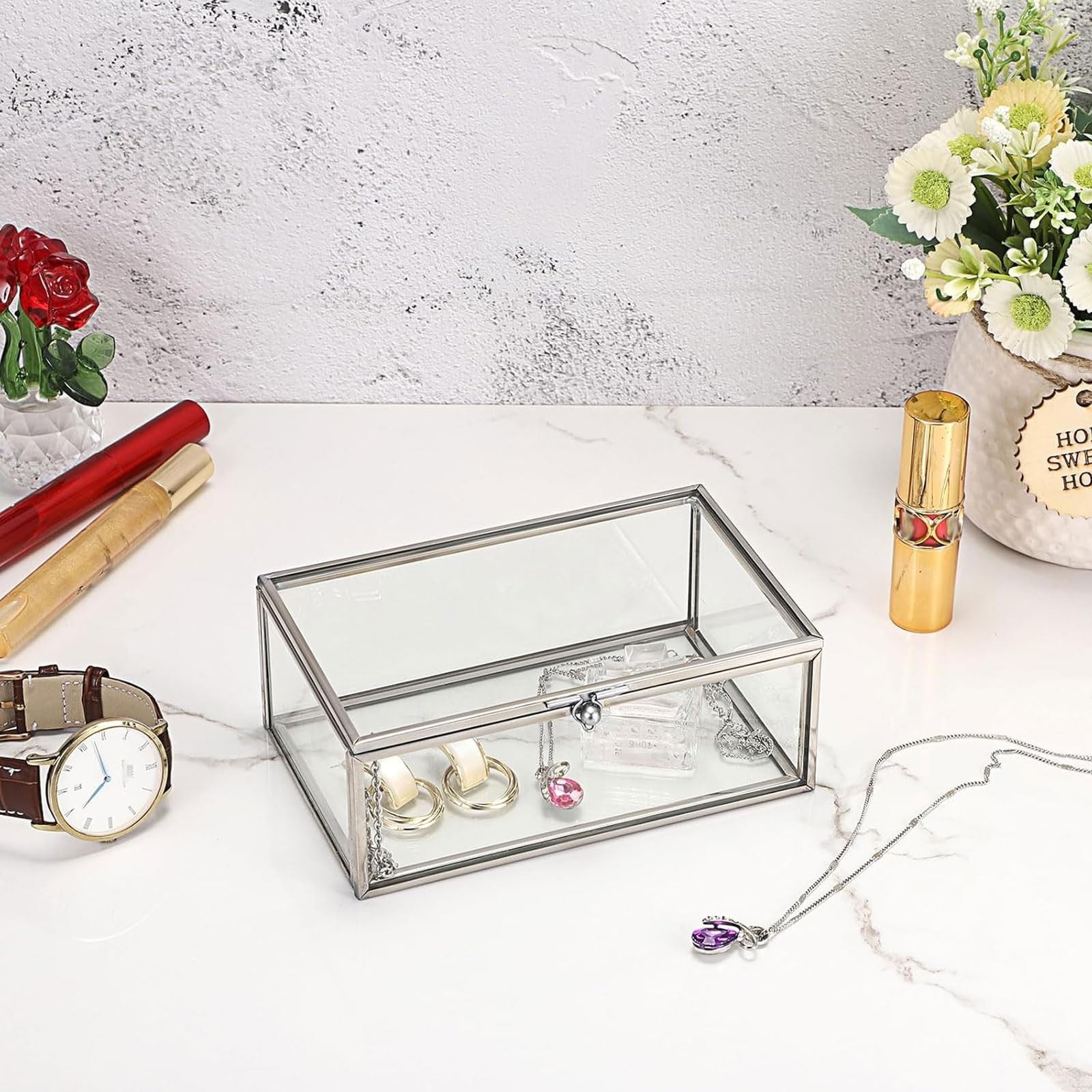 Vintage Glass Keepsake Box | Small Jewelry Display Case & Organizer for Rings, B