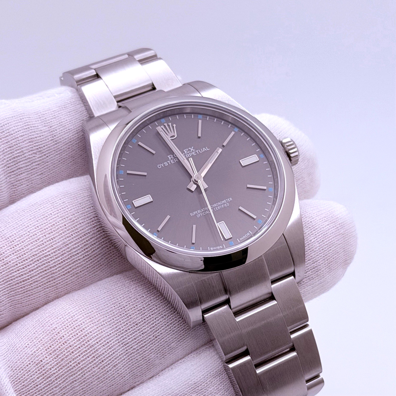 Rolex Oyster Perpetual 39 114300 39mm Dark Rhodium Dial Stainless Steel Box Tags