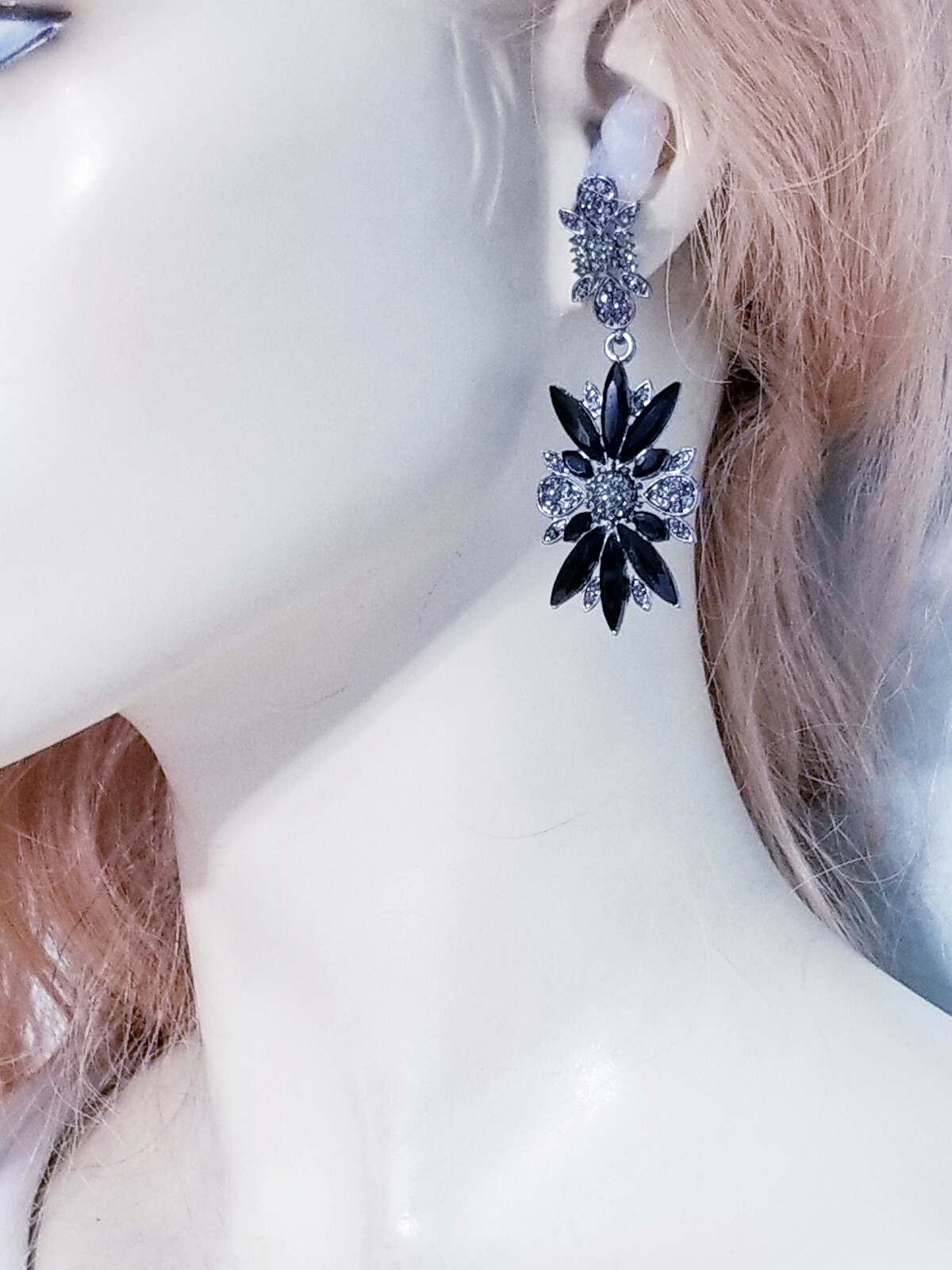 Rhinestone Chandelier Drop Earrings Steampunk Prom Pageant Jewelry 2.8 in Black