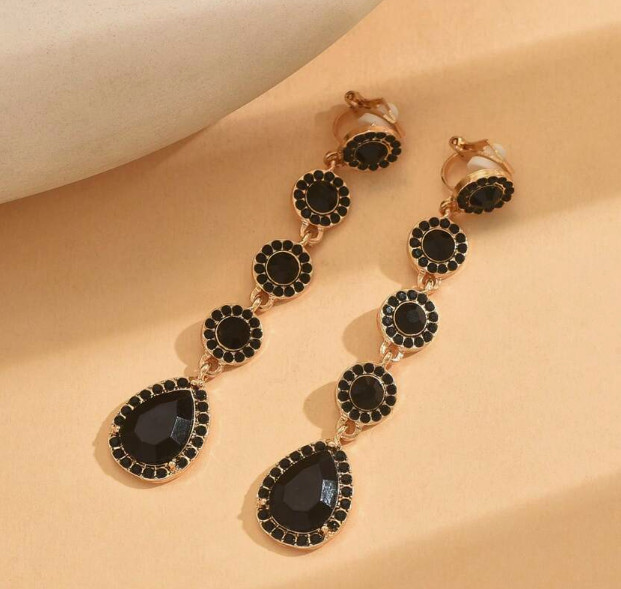 Black Clip On Earrings Retro Etruscan Revival Cabochons Gold Bow Beads
