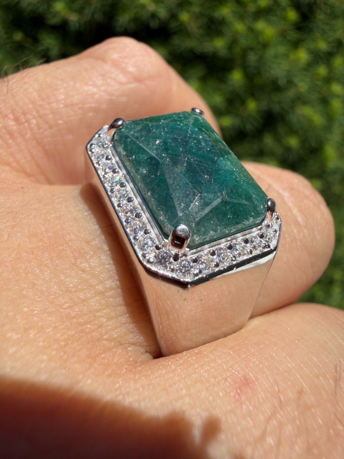 MOISSANITE Iced Natural 9ct Rectangle Green Emerald Stone Ring 925 Silver
