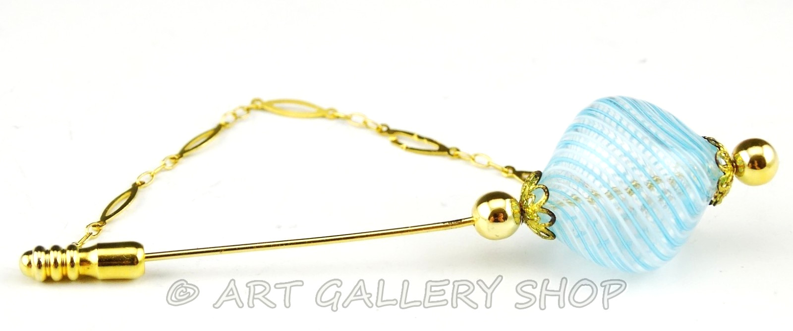 Vintage Murano Italy Hand Blown BLUE SWIRL Art Glass & GOLD TONE PIN BROOCH