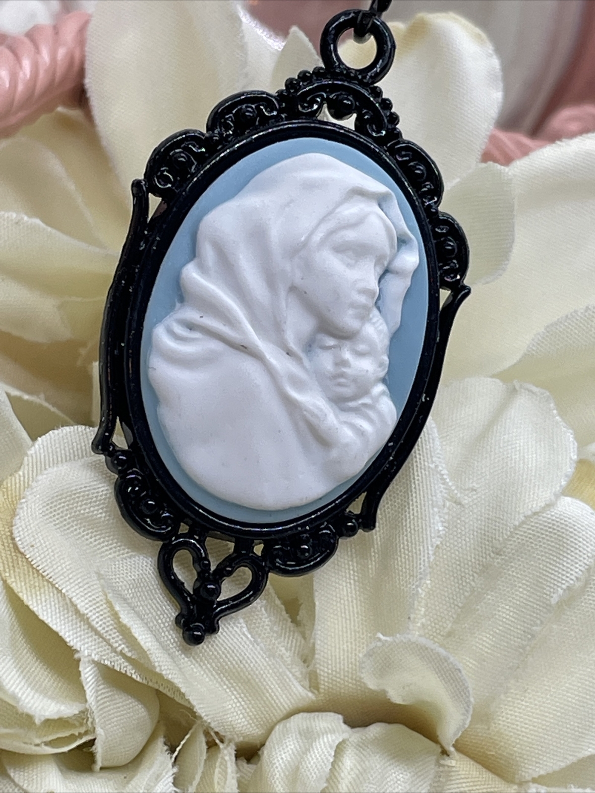 Madonna Mary Child Jesus MOM Heart Jewelry White Mothers Day necklace Cameo Bday