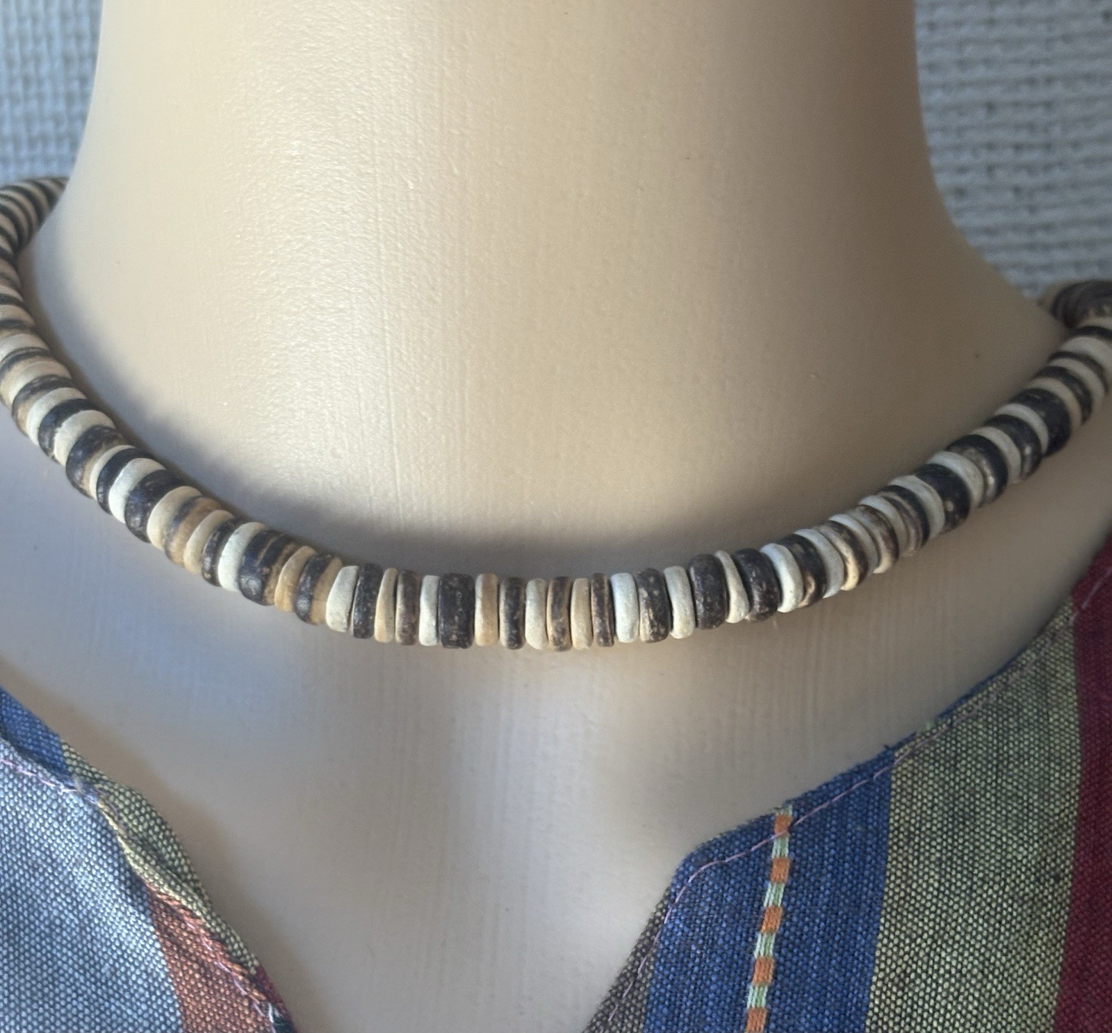 Wood Bead Choker Necklace Brown White Black Ball/Bead Chain 18 in
