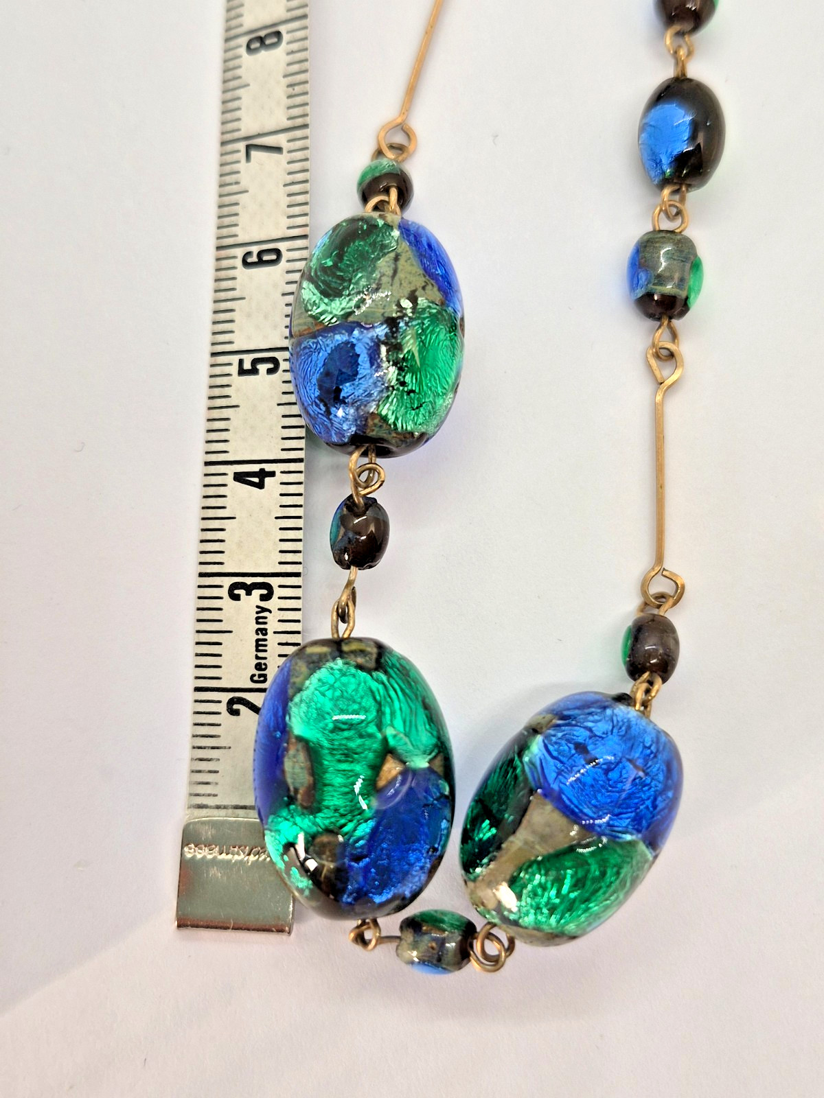 Vintage Art Deco Venetian Green, Blue & Black Foil Glass Bead Necklace 18″