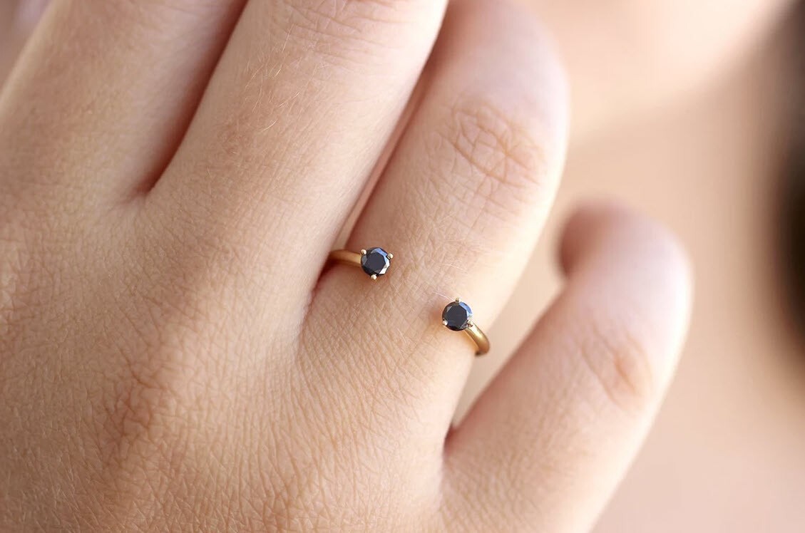 Black Diamond Cuff Ring, 18K Yellow Gold, 0.2 Carat, Size 4.5