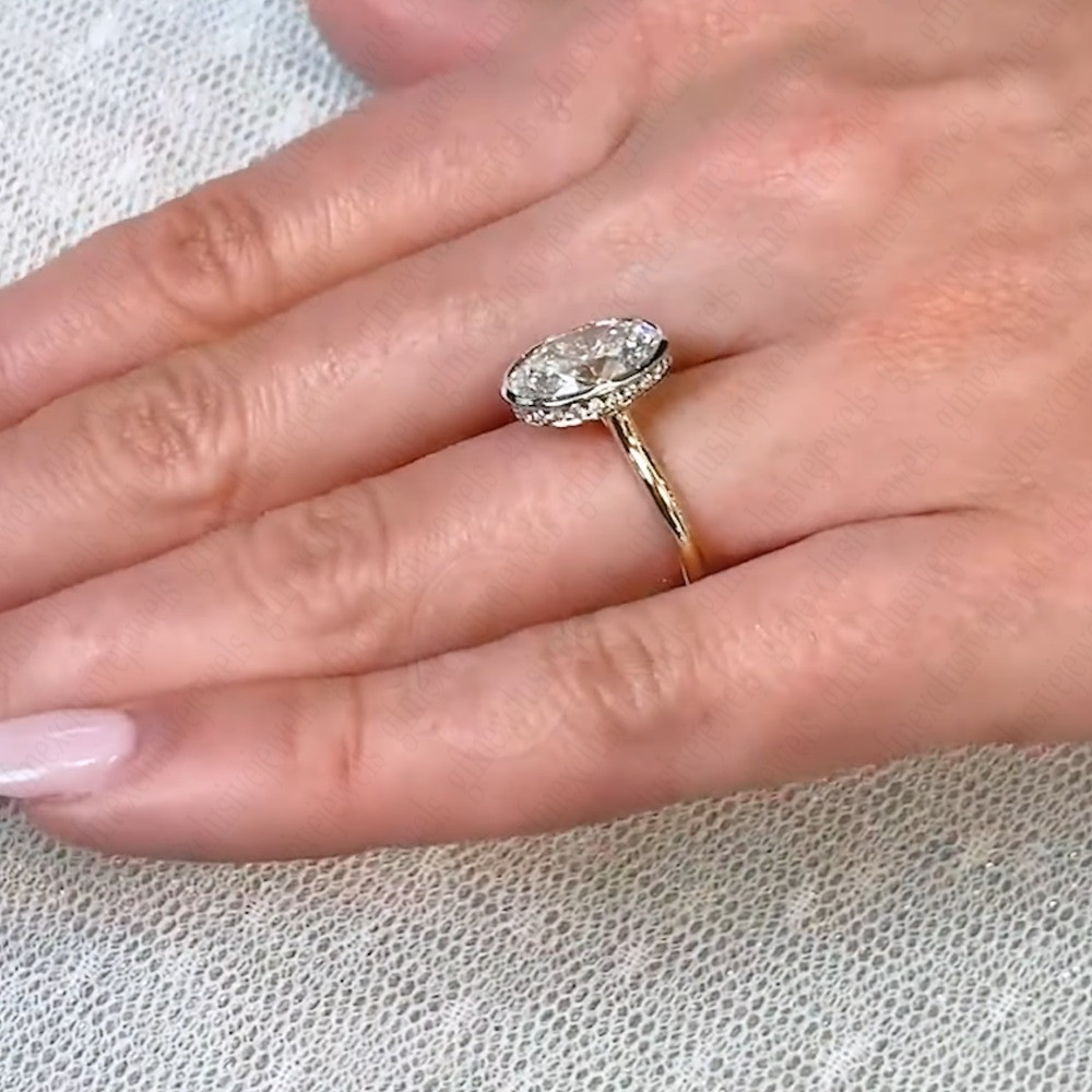 3.85Ctw Oval Moissanite Bezel Hidden Halo Engagement Ring In 14K Two-Tone Gold