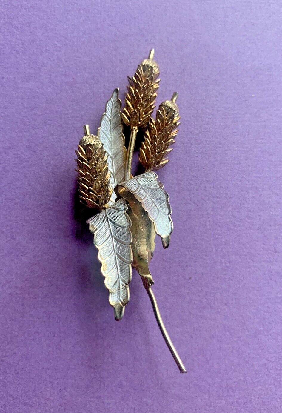 Vintage Cattails & Folded Leaves Artistic Estate Brooch Gold & Silver Tone Pin