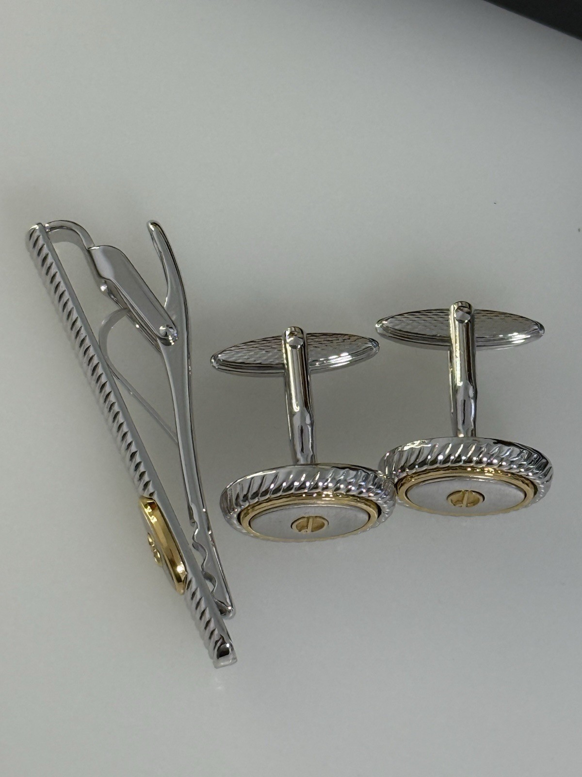 Dunhill Cufflinks & Tie Clip Set Two-Tone Silver Gold Tone Boxed