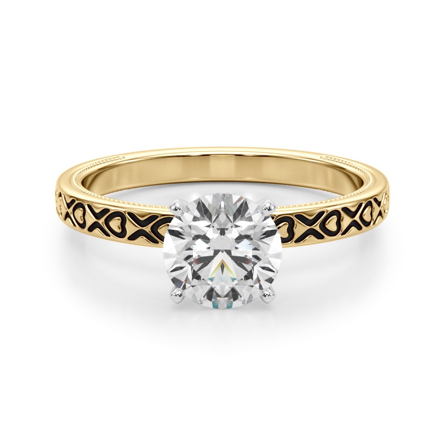 1oK Yellow Gold Heart X Pattern Engagement Ring in White Round Cut Moissanites